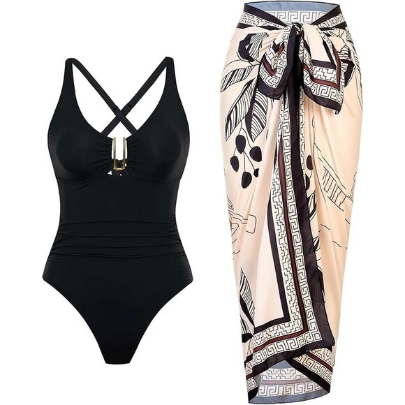 Womens M One Piece Retro Bathing Suit Tummy Control Wrap Cover Up Shirt NEW - Picture 5 of 16